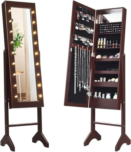 RELAX4LIFE Armoire à Bijoux sur Pieds avec Miroir et Lumière LED, Miroir Bijoux sur Pied avec 4 Couches pour Anneaux, Boucle d'oreille, Bracelet, 16 Rouge à Lèvres, Blanc/Noir (Marron)