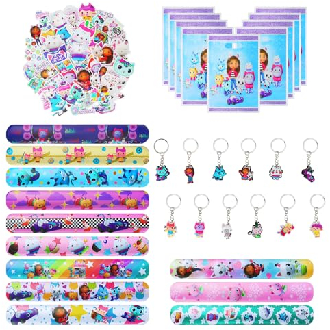 GUBOOM Bomboniere per Feste Gabby's, Gabby Party, 12 Pezzi Gabby's Schiaffo Braccialetti, 10 Pezzi Sacchetti Regalo Gabby, 50 Pezzi Adesivi Gabby Compleanno, 12 Pezzi Gabby's portachiavi