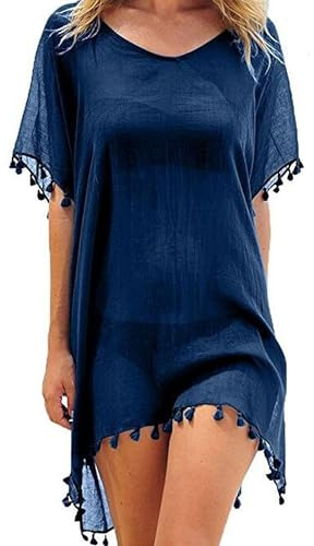 Qianderer Women Cover Ups Beachwear Crochet Hollow Out Beach Dress Summer Bikini Swimsuit Cover Up Bathing Suit (Dark Blue, One Size)