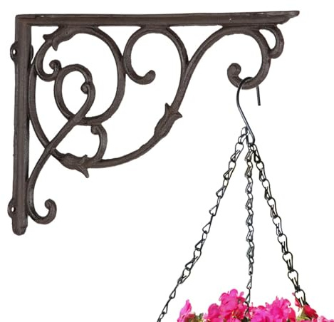 Hanging Basket Bracket Antique Brown Cast Iron Plant Hanger Hooks (Large) | Heavy Duty, Recycled Metal, Ornate Scrolled Finish, Vintage Style, Wall Mounted, Garden Decor