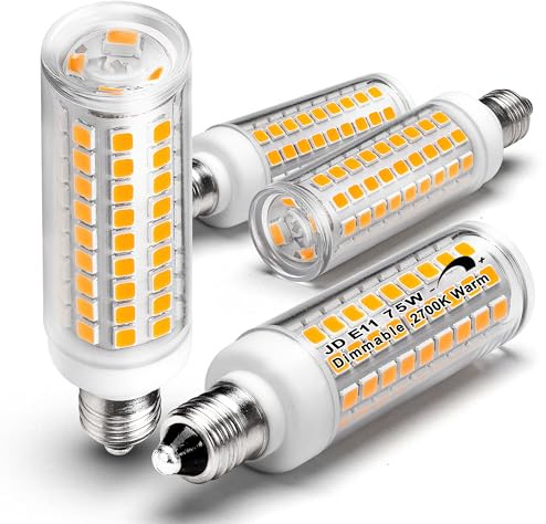 E11 Led Bulbs, JDE11 120V 75W Halogen Candelabra Bulbs Equiva Dimmable,T3 T4 Mini Base JD E11 Bulb, 2700K Warm White 7W 750lm for Chandeliers,Candelabra,Ceiling Fan, Table Cabinet Lighting,4Pack