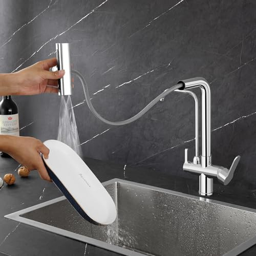 KINKIBOS 3 Wege Wasserhahn Ausziehbar Küche für Wasserfilter, 4 Modi Mischbatterie Küche, Messingkörper, 360° Drehbar, Trinkwasserhahn mit 2 Hebel, Chrom