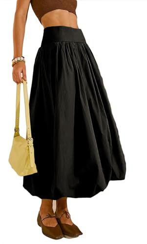JEAAMKSSER Y2K Bubble Maxi Skirts for Women A Line Long Pleated Casual Summer Skirts 2024 Elastic Waist Balloon Midi Skirt # Black M