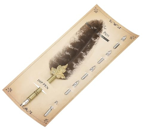 PATIKIL Federstift, 9/23cm Vintage Kalligraphie Stifte mit 5 Stück Schreibfeder, Truthahnfedern Schönschreibfüller Feder zum Schreiben Büro Hochzeits Unterschriften, Braun/Weiß