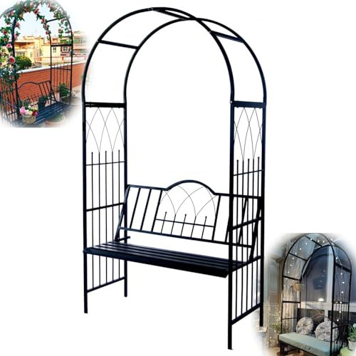 Rosenlaubengarten, 210x114x52cm Gebogener Rosenbogen mit Bank, Romantisches Gartenspalier für Kletterpflanzen, Gartenbogen für die Hochzeitszeremonie