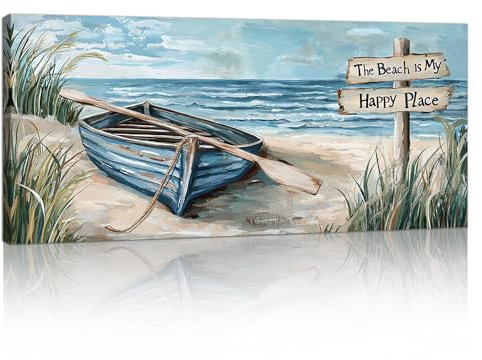 Grande Cadre en Bois Impression Sur Toile Bleu Littoral Paysage Image Sur Toile Peintures Vintage Plage Voilier Sur Toile Moderne Mural Tableau Decoration Murale Salon Chambre prêt accrocher 50x120cm