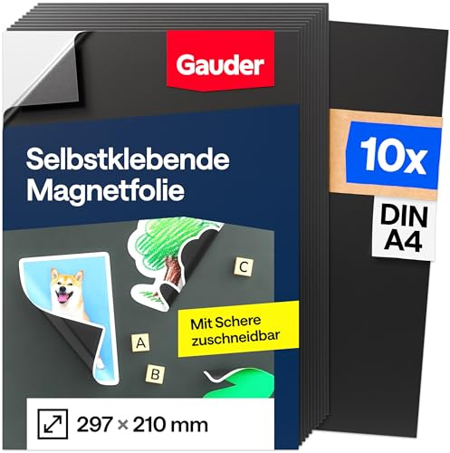 GAUDER Foglio Magnetico Autoadesivo - Pellicola Magnetica Ritagliabile per Foto, Fai-da-te e Cartelli - Magnete Adesivo per Casa, Scuola e Ufficio (10 pezzi - DIN A4-297 x 210 mm)