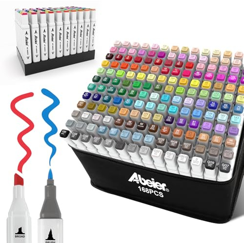 ABEIER - Pennarelli a doppia punta con alcool, set da 168 colori per adulti, pennarelli evidenziatori per set di materiale artistico per insegnanti e forniture, con astuccio