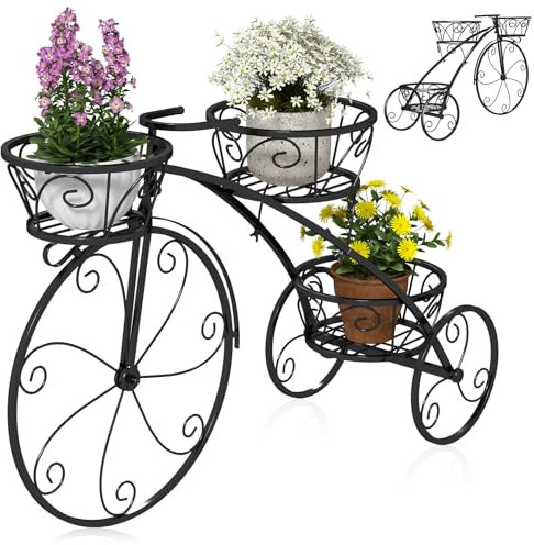 RELAX4LIFE Pflanzenständer, Blumenständer im Fahrradform, Blumentreppe mit 3 Ebenen, Blumenwagen aus Metall, Blumenregal mit 3 Körben & Rädern, Pflanzentreppe Vintage-Stil für Garten, Balkon (Schwarz)