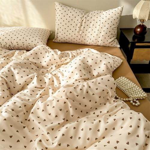 Freyamy Bettwäsche 200x220 Creme, Brown HerzBettwäsche für Mädchen,3teilig Wende Bettwäsche Set Microfaser Bettbezug mit Reißverschluss + 2 Kissenbezug 80x80 cm