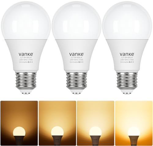 Vanke E27 Dimmable Bulb, 8W(60W Equivalent), Warm White 2700K, Pack of 3 | 806 Lumen, ES Edison LED Light Bulb, Energy Saving Screw in Light Bulb, No Flicker