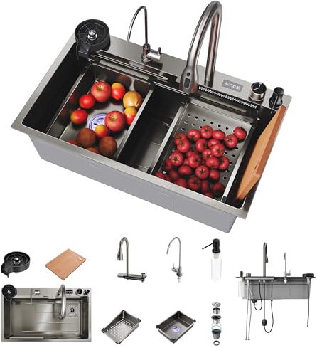 SONNI Küchenspüle 80x45x23cm mit Temperaturanzeige, Wasserfall, Schwarz | Edelstahl Spülbecken mit Wasserhahn, Wasserfilter, Gläserspüler, Abtropfwanne, Seifenspender, Schneidebrett, Ablaufset