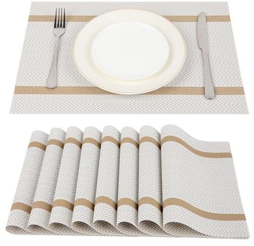 SueH Design Gewebte Platzsets Tischsets 8er Set Vinyl Hitzebeständig Platzdeckchen Abwaschbar Tischsets 45cm x 30cm, Weiß