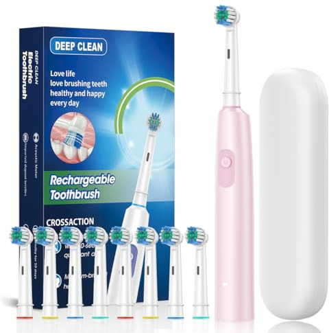 Spazzolino elettrico rotante a sospensione magnetica, 5 modalità di pulizia sonica, impermeabile, 8 testine e custodia per viaggi, campeggio, equitazione (rosa)