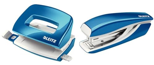 Leitz Mini-Locher + Mini-Heftgerät, für 10 Blatt, Anschlagschiene mit Formatangaben, Tacker mit 1000 Heftklammern, Ergonomisches Design, Blau, WOW-Serie, 50601036 + 55281036