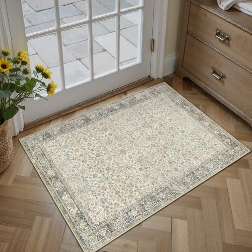 PureCozy Vintage FußMatte Beige Grau Teppich 60x90cm Waschbar rutschfest klein Teppiche Kurzflor Retro Carpet für Wohnzimmer Schlafzimmer Balkon LäUfer KüChe Esszimmer