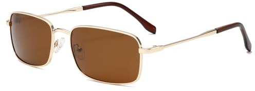 Long Keeper Polarisierte Quadratische Sonnenbrille - Retro Rechteck Fahrsonnenbrille für Herren Kleine Metall Leichte Sonnenbrille für Reisen Wandern Strand (Gold Braun)