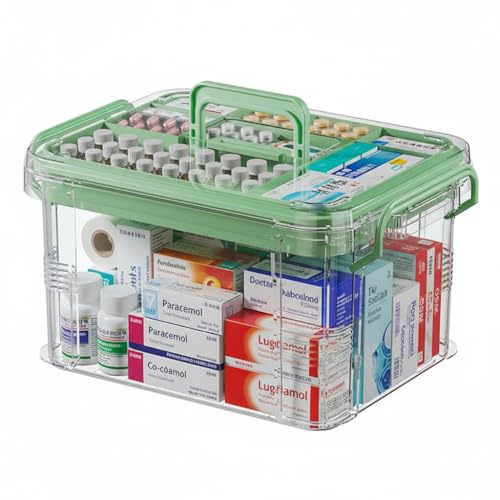 Oursouion Medikamenten Aufbewahrung,2 Regal Medizinbox,Hausapotheke Box Medizinkoffer,medikamenten organizer,Mehrzweck Organizer,Aufbewahrungsboxen mit Deckel Box Abschließbar,Erste Hilfe Kasten(L)