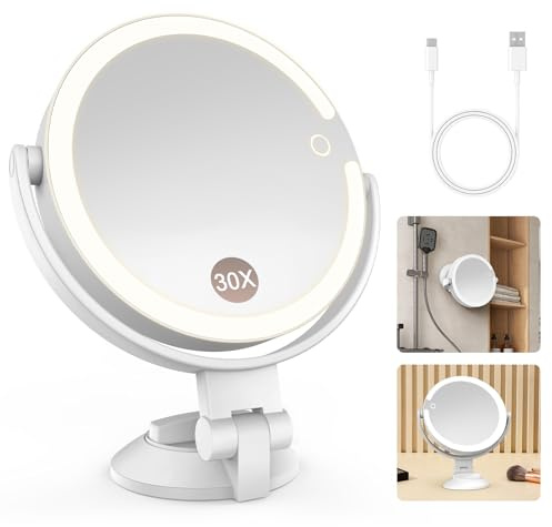 Mexgcom Specchio Ingranditore, Specchio Trucco 30X con Ventosa, Specchio Bifacciale da Viaggio con 3 Luci a Colori, per Camera e Bagno, Bianco