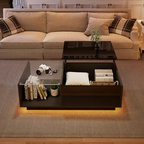 Crlnaup LED Couchtisch,Hochglanz Couchtisch, Wohnzimmertischmit, Höhenverstellbarer Kaffeetisch mit Verstecktem Stauraum und Ablage, 50 x 100 x (33-46.5) cm