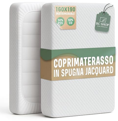 BCSHOP Coprimaterasso Matrimoniale 160x190 x 27cm Elasticizzato con Angoli - Copri Materasso Matrimoniale in Spugna Jacquard - Coprimaterasso Antiacaro Lavabile e Regolabile per Materassi a 2 Piazze