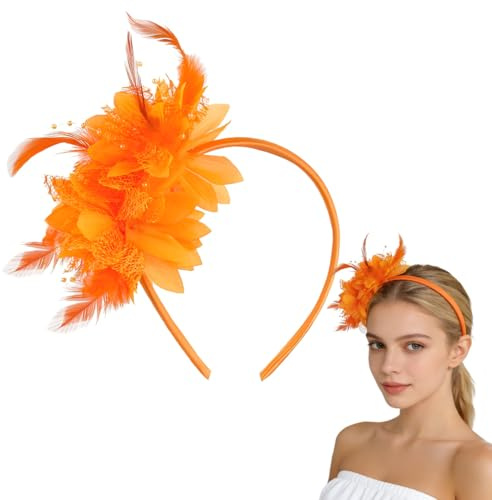 LEPZUR 1 Stück Feder Haarreif mit Künstlichen Blumen, 1920er Fascinator Kopfschmuck, Feder 20er Jahre Stirnband für St. Patricks Day Karneval Cocktail Hochzeit Tee-Party Accessoires,Orange