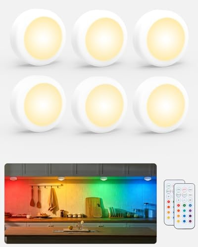 6 Stück Schrankbeleuchtung mit Fernbedienung, RGB 13 Farben LED Spots Weiß | kabellos unterbauleuchte batterie, dimmbare, timer, led vitrinenbeleuchtung puck lights für küche kleiderschrank