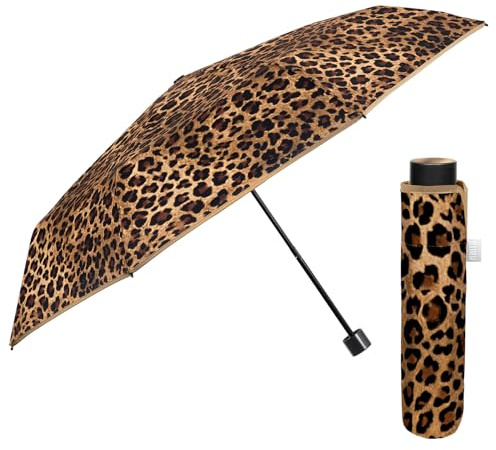 PERLETTI Faltbarer Regenschirm Leopard Klein Winddicht - Mini Taschenschirm Damen Handtasche Gepunktete Reise - Tragbarer Regenschirm, winddicht, Mädchen Animalier