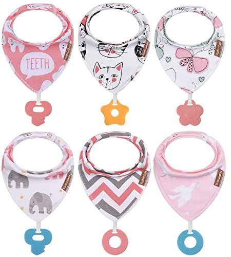 vuminbox Baby Dreieckstuch Babylätzchen Bandana mit Beißspielzeug Einstellbar Spucktuch 100% Bio-Baumwolle, Super Saugfähig und Weiche, Halstücher Drool Lätzchen für Mädchen(6Pack Mädchen)