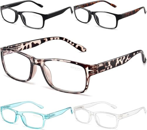 Gaoye Professionelle Lesebrille für den ganzen Tag – Computerbrille mit Blaufilter – Vorteilspack, (Schwarz + 2 Leopardenmuster + Transparent + Hellblau, 1.5+)