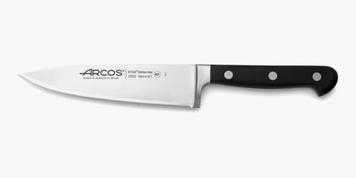 Arcos Cuchillo Chef con Hoja Acero Inoxidable Nitrum 160 mm. Cuchillo cocina profesional multiusos. Mango ergonómico polioximetileno POM. Serie Opera. Color negro. | Cuchillo de cocina profesional multiusos. Mango ergonómico de POM. Serie Opera. Color negro.