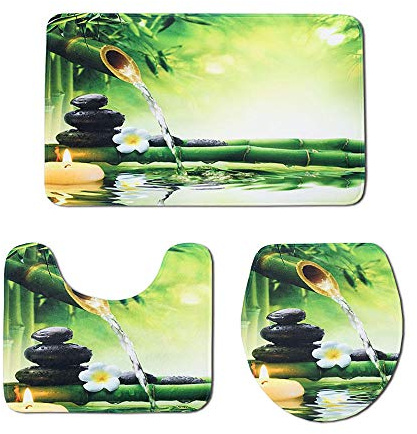BVWSBGF Ensemble Tapis de Bain 3 Set Motif Floral en Pierre de Bambou WC Tapis Contour Tapis de Salle antidérapant de Doux et Confortable Lavable