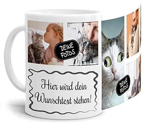 Foto-Tasse selbst gestalten mit Text & Collage für 6 Fotos - Geschenk für Familie, Freunde, Geburtstag, Weihnachten - Keramik Weiß, 300 ml I Personalisiert