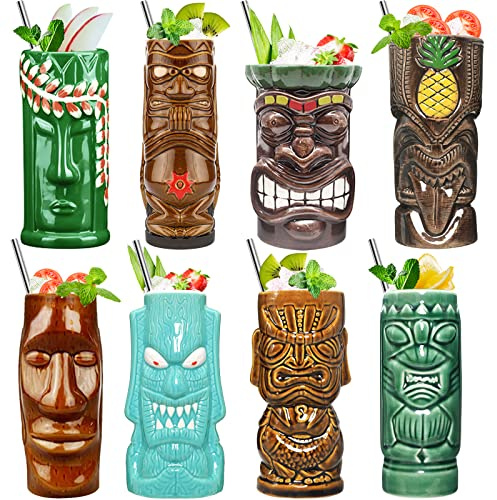 Tiki Mugs Set von 8 - tiki gläser Keramik Hawaii Party Becher Trinkgeschirr Tiki Bar Becher für Cocktails Premium Tropische Tassen Getränke Tiki-Tassen-Set für exotische Party