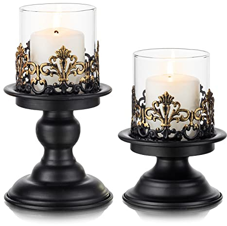 Sziqiqi Black Shabby Chic Pillar Candle Holder Set for Tables - Gothic Candlestick Holder Rustic Glass Hurricane Candle Holders Centrepieces for Mantlepiece Fireplace Dinner Desk Tabletop Ornament