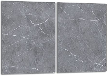 Herdabdeckplatten Set 2x40x52 cm Ceranfeld Abdeckung Glas Spritzschutz Abdeckplatte Glasplatte Herd Ceranfeldabdeckung Deko, Marmor Grau, Gehärtetes Glas 4 mm