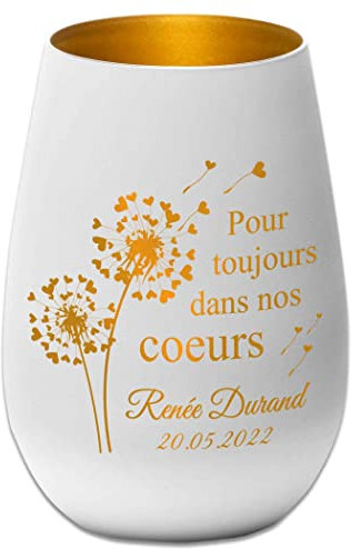 Photophore en Verre personnalisé – Nom et Date funéraire - Lumière de deuil - présent funéraire - Blanc/Or - pour Toujours dans nos Coeurs - Lanterne présent funéraire -