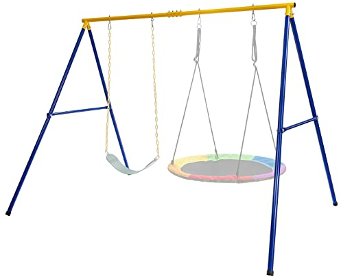 KOMFOTTEU Doppelschaukelgestell aus Metall, Schaukelgestell für Nestschaukel & Kinderschaukel, Schaukelgerüst bis 300 kg belastbar für Garten Hof, 249 x 185 x 178 cm, Gelb + Blau