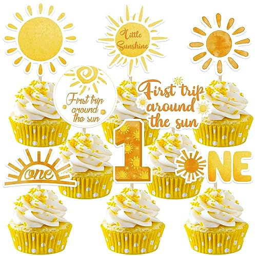 Weecent 48 Pcs First Trip Around The Sun Cake Topper, Sunshine Cupcake Toppers Sun Cupcake Toppers 1st Birthday Decorations for Girls 1st Trip Around The Sun Birthday Party Supplies