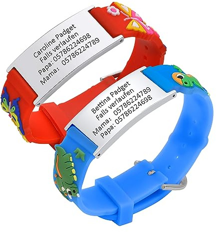 Notfallarmband SOS Armband Kinder Personalisierte - 2 Stück Edelstahl Cartoon Silikonband Sicherheitsarmband Gravur Kleinkind Anti-Verlust Armbänder für Kinder Notfall Armband für Jungen Mädchen