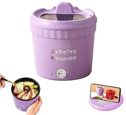 Cocina Eléctrica Mini Multiusos, Olla Pequeña Versátil, Sartén Múltiple de 1.2L con Tapa y Soporte para Teléfono, Olla de Ramen Portátil para el Hogar (Morado) - CREAMOON XDG159