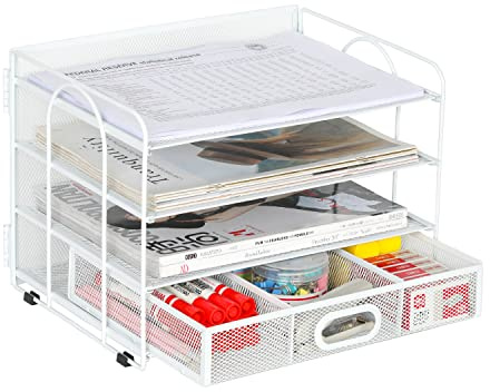 EasyPAG 4 Niveles Metal Malla A4 Bandeja Oficina Organizador Documentos Almacenamiento Papeles Soporte Archivador Clasificador Escritorio Estante Carta con Cajón,Blanco