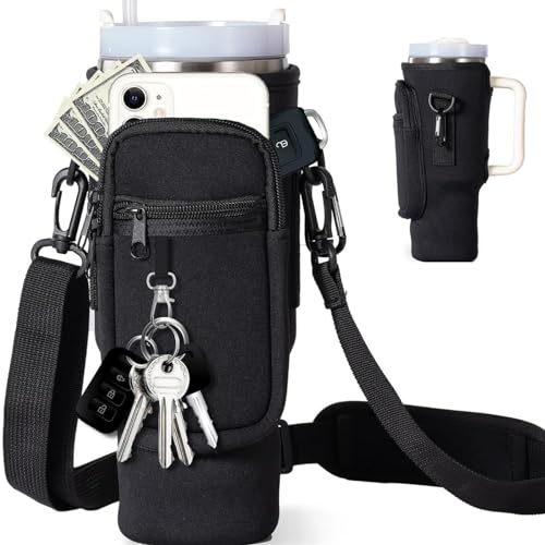 Stanley Trinkflaschen-Tragetasche, 1,2 l, mit Handytasche, Kartentasche, Bergsteiger-Schnalle und Schlüsselanhänger, schwarze multifunktionale Flaschentasche für Stanley Cup-Zubehör