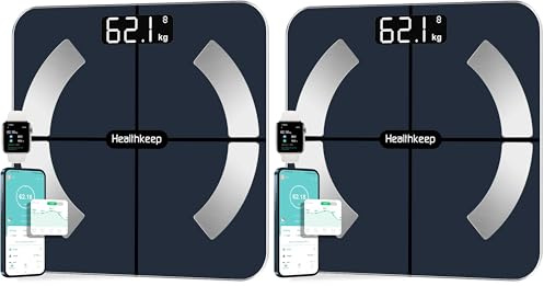 Körperfettwaage, Bluetooth Personenwaage mit App, Smart Digitale Waage für Körperfett, BMI, Gewicht, Muskelmasse, Wasser, Protein, Skelettmuskel, Knochengewicht, BMR, Schwarz (Packung mit 2)