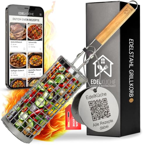 EdelKüche Premium Grillkorb aus Edelstahl für Gemüse und Fleisch | XXL, Rund, Zylindrisch, Groß | Drehspieß | Abnehmbarer Griff | Grillzubehör, Außengrill, Grillnetzrohr, Grillnetz | super Geschenk