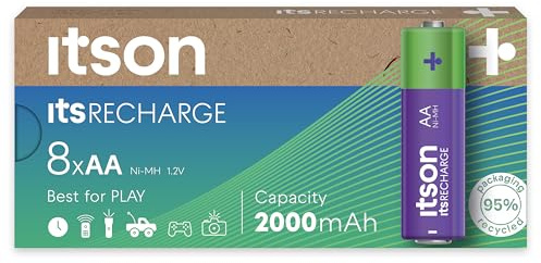 ITSON, AA piles rechargeables, lot de 8, capacité Min. 2000 mAh, pré-chargées, emballage à 95% de matériaux recyclés, made in Japan, idéales pour télécommandes, torches, horloges