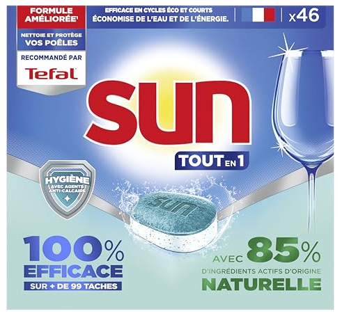 SUN - pastilles lave-vaisselle Tout en 1 Hygiène - 46 tablettes - avec 85% d'ingrédients d'origine naturelle - 100% efficace sur + de 99 taches