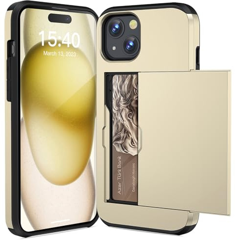 ACOCOBUY for iPhone 15 Case with Card Holder Sliding Cover 6.1 inch Gold | Hidden Pocket IDs Credit Cards Slot Heavy Duty Shockproof Protective Dual Layer Wallet Phone Cover Back Shell for Men Women