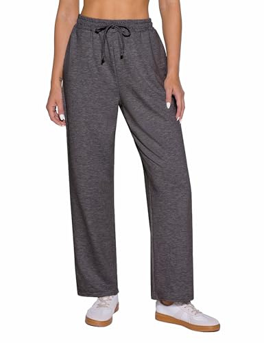 Demegimi Pantalon de Sport Femme à Larges Jambes Taille Haute Avec Poches Pour Running Fitness (Gris Foncé, M)