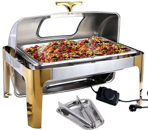 Electric Food Warmer Buffet Server With Glass Lids, 9L Stainless Steel Chafers Warmer For Catering Chafing Dish Buffet Warmer Server And Warming Tray For Weddings Parties, Golden, 400W(Color:Double)